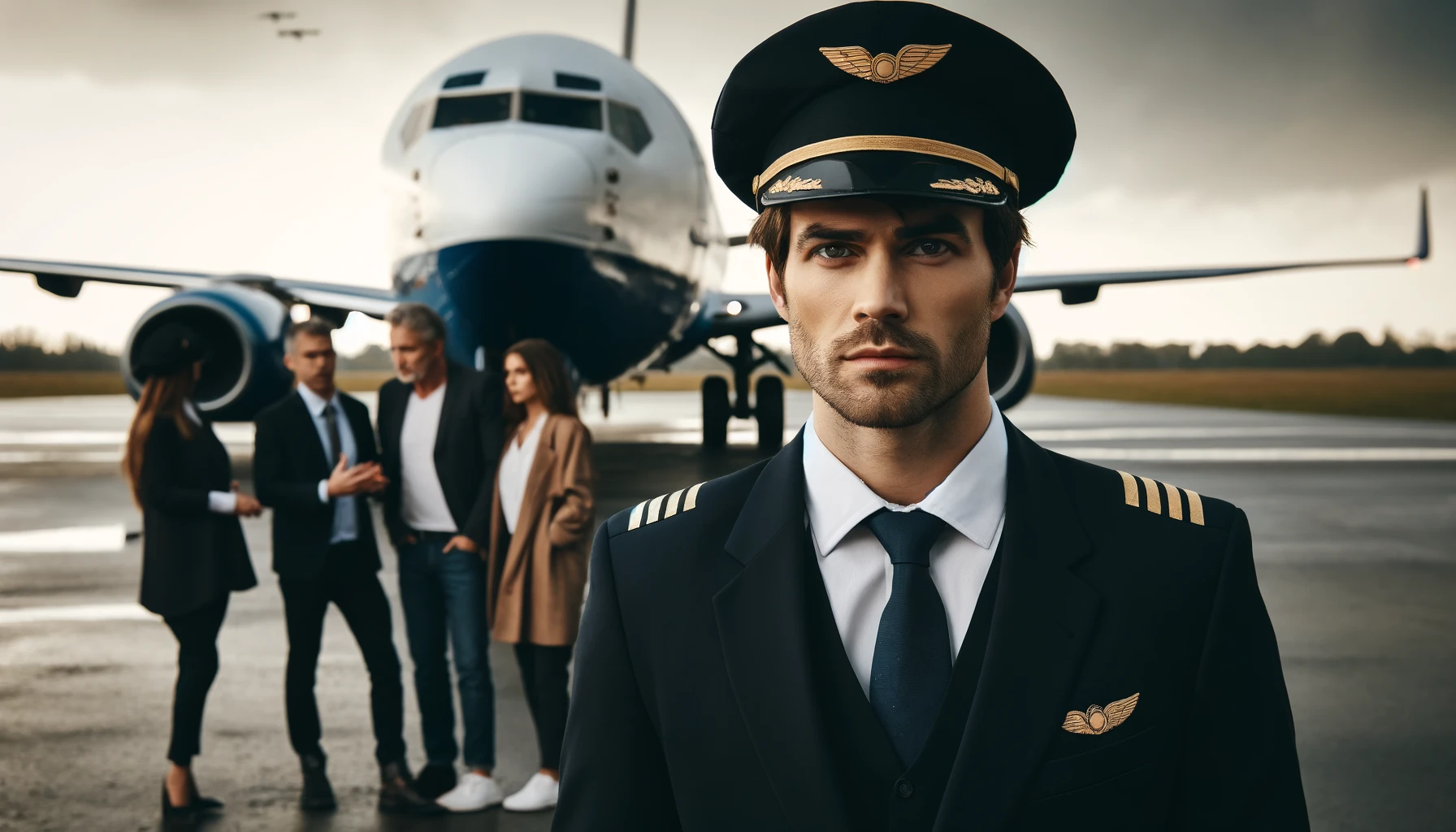 DALL·E 2024-05-24 14.27.02 – An airline pilot in uniform standing in front of a Boeing 737, looking serious and concerned. In the background, passengers look worried. The setting